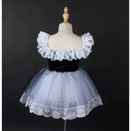 Girls kids white with black tutu skirt modern ballet dance dresses Lace princess dress for children Lolita court style maid cosplay stage performance costume